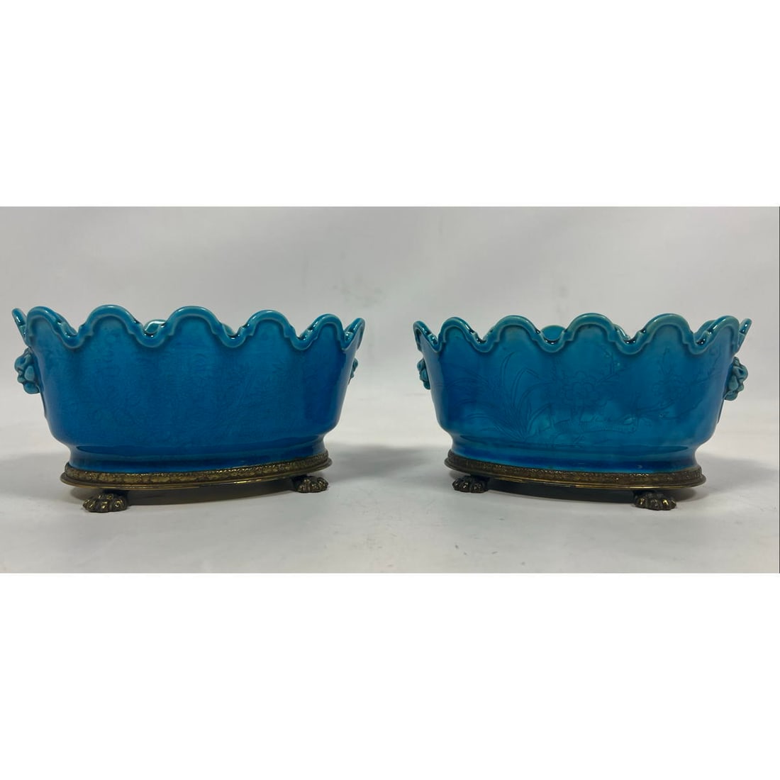 Pr Chinese gilt metal mounted turquoise Monteith bowls. Retailed by Nichols Haydon. NYC (1 of 13)