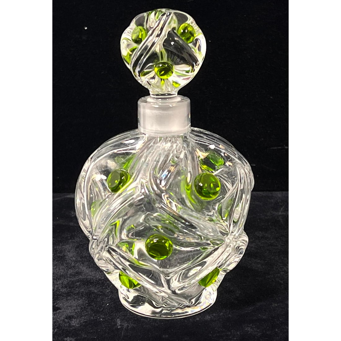 LALIQUE France Crystal Perfume Bottle. Clear Crystal Perfumer. Lime Green Accent Elements. Engraved (1 of 8)