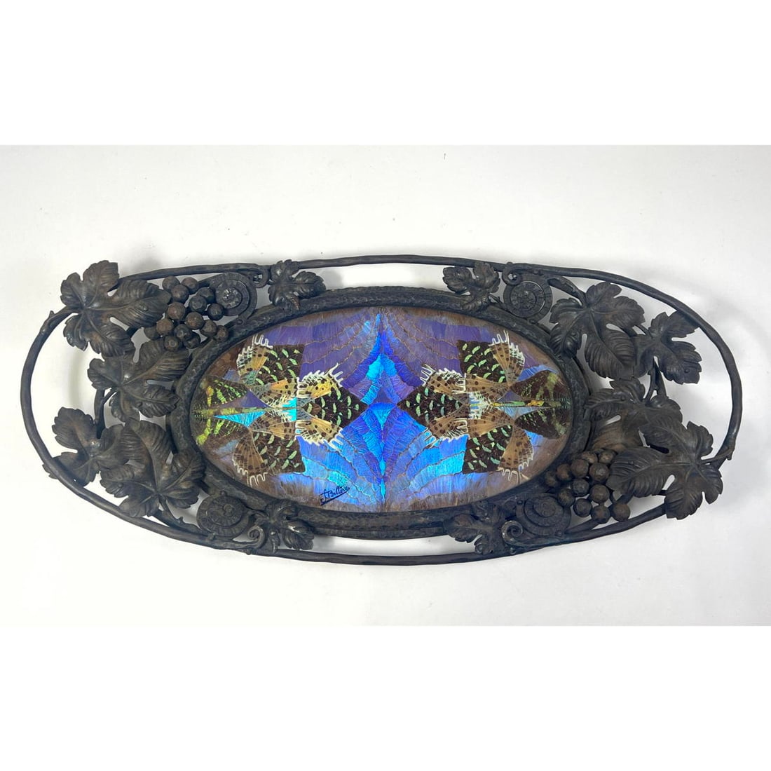 F. BILLERE French Art Nouveau Iron Dish Tray. Butterfly Wings under Glass. Grape and Leaf design. Si (1 of 9)