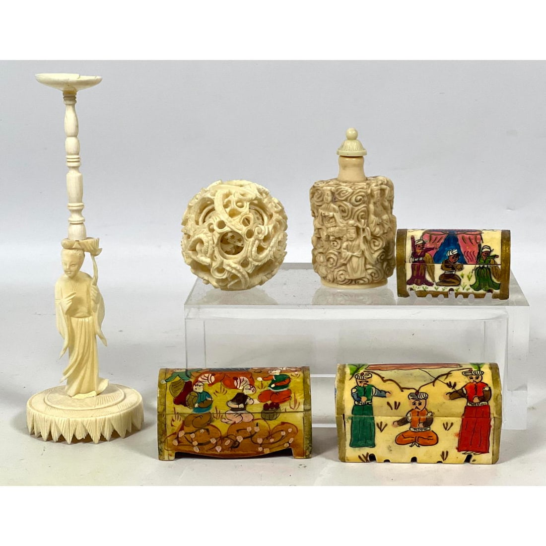 6pc Eastern Decorative Items. Three Carved Items. Three Hand Painted Items. (1 of 8)