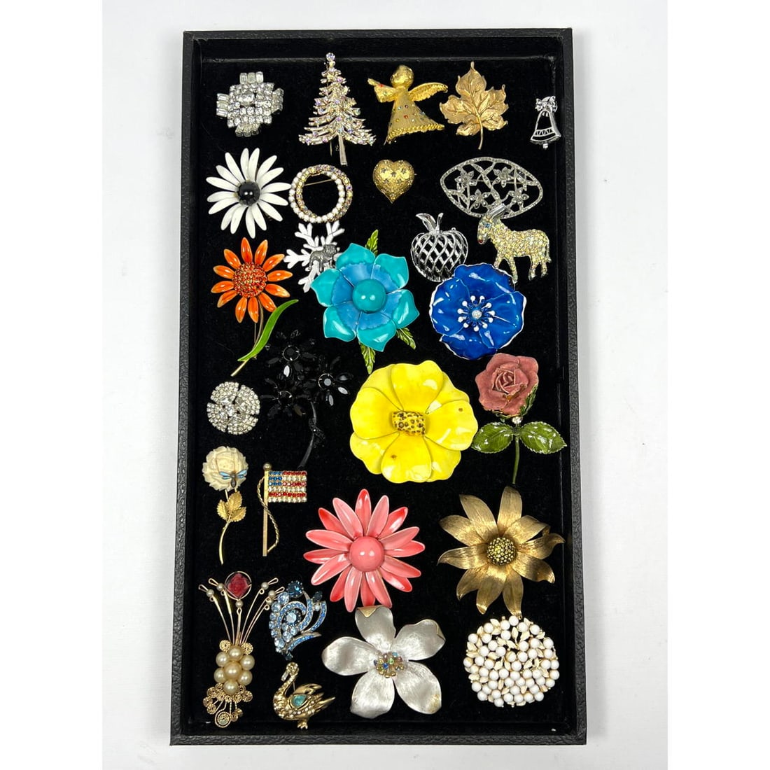 Lot Figural Jewelry Pins. Enamel Painted Colorful Flower Pins. Colored Rhinestones. (1 of 14)