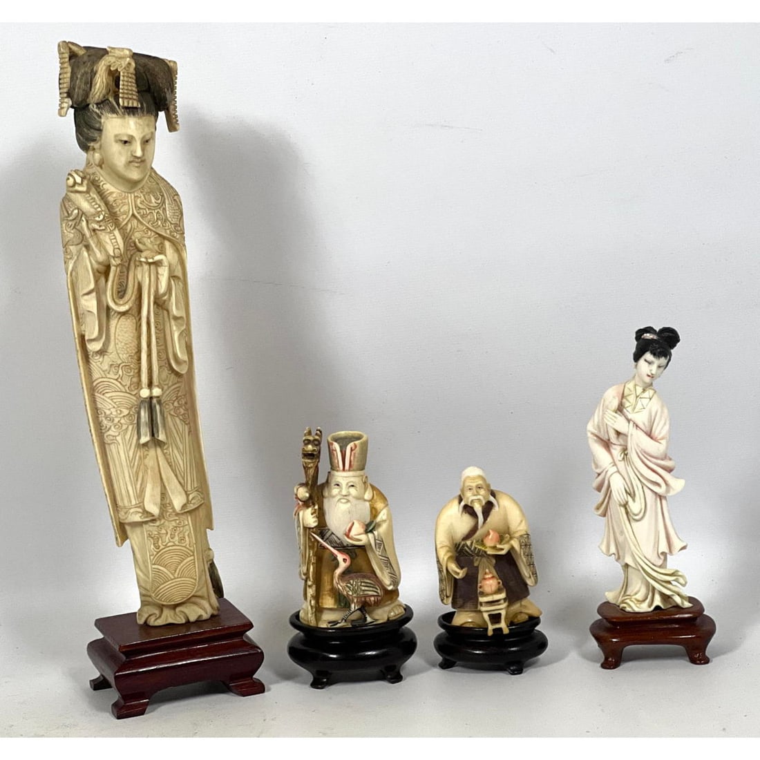 4pc Carved Figural Asian Sculptures. Two Signed. All on Stands (1 of 9)