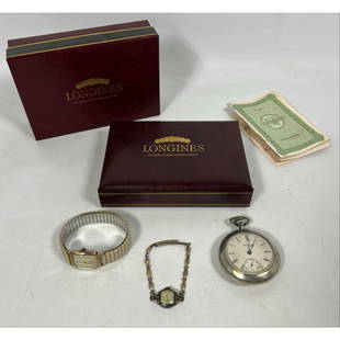 Lot Vintage Watches Pocket Watch. Sterling ELGIN Pocket Watch. BULOVA Mans Watch. CROTON Ladies Watc: Lot Vintage Watches Pocket Watch. Sterling ELGIN Pocket Watch. BULOVA Mans Watch. CROTON Ladies Watch. empty Longines box. Dimensions: H: 3 inches --- US Packing and Shipping charge: In house shipping