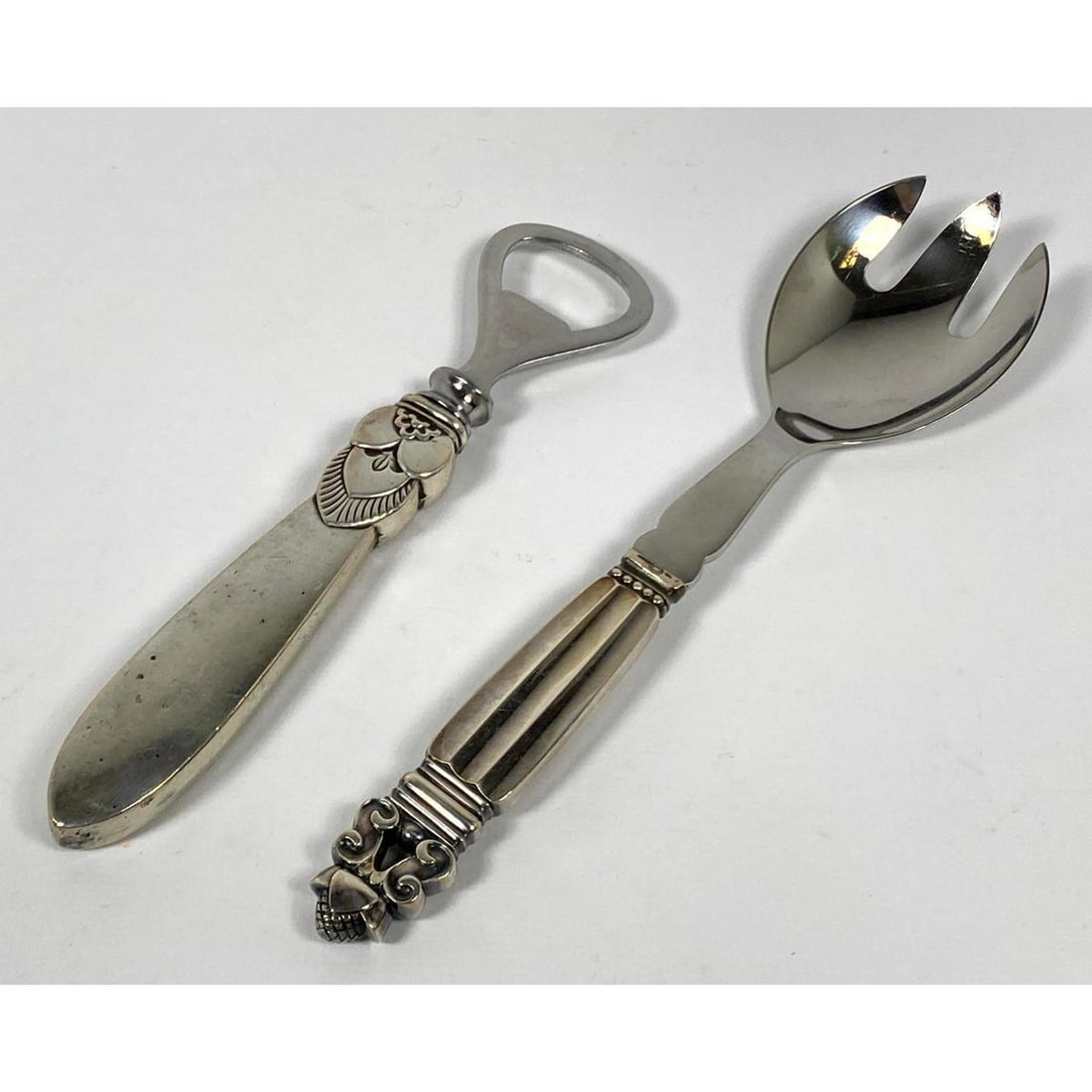 2pc GEORG JENSEN Sterling Handled Serving Pieces. 1) "Cactus" Pattern Bottle Opener; weighted sterli (1 of 9)