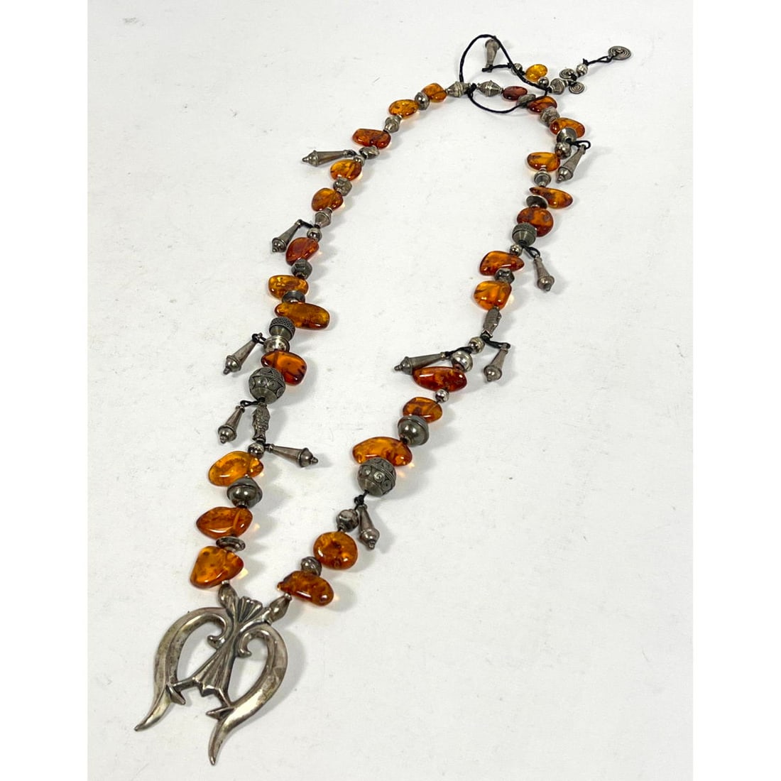 30" Amber Bead Squash Blossom style Necklace. Silver Squash Blossom Pendant. Silver Tooled Beads. (1 of 7)