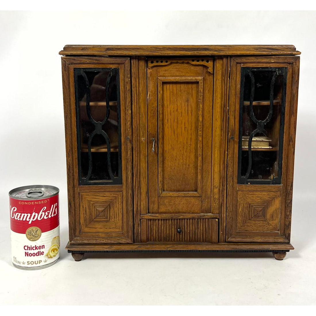 Antique Salesman Sample Miniature Armoire Bookcase. Single Door Armoire with Flanking Glass Door Boo (1 of 12)