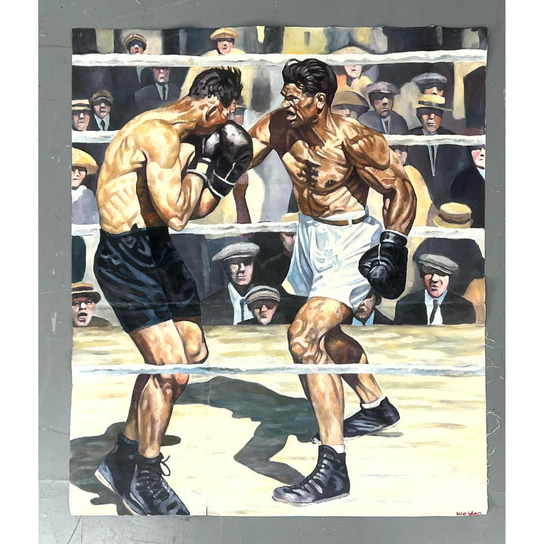 Signed WELDON Vintage Painting Boxing Match. Pugilists. Loose Canvas; no stretcher or frame. Signed. (1 of 12)