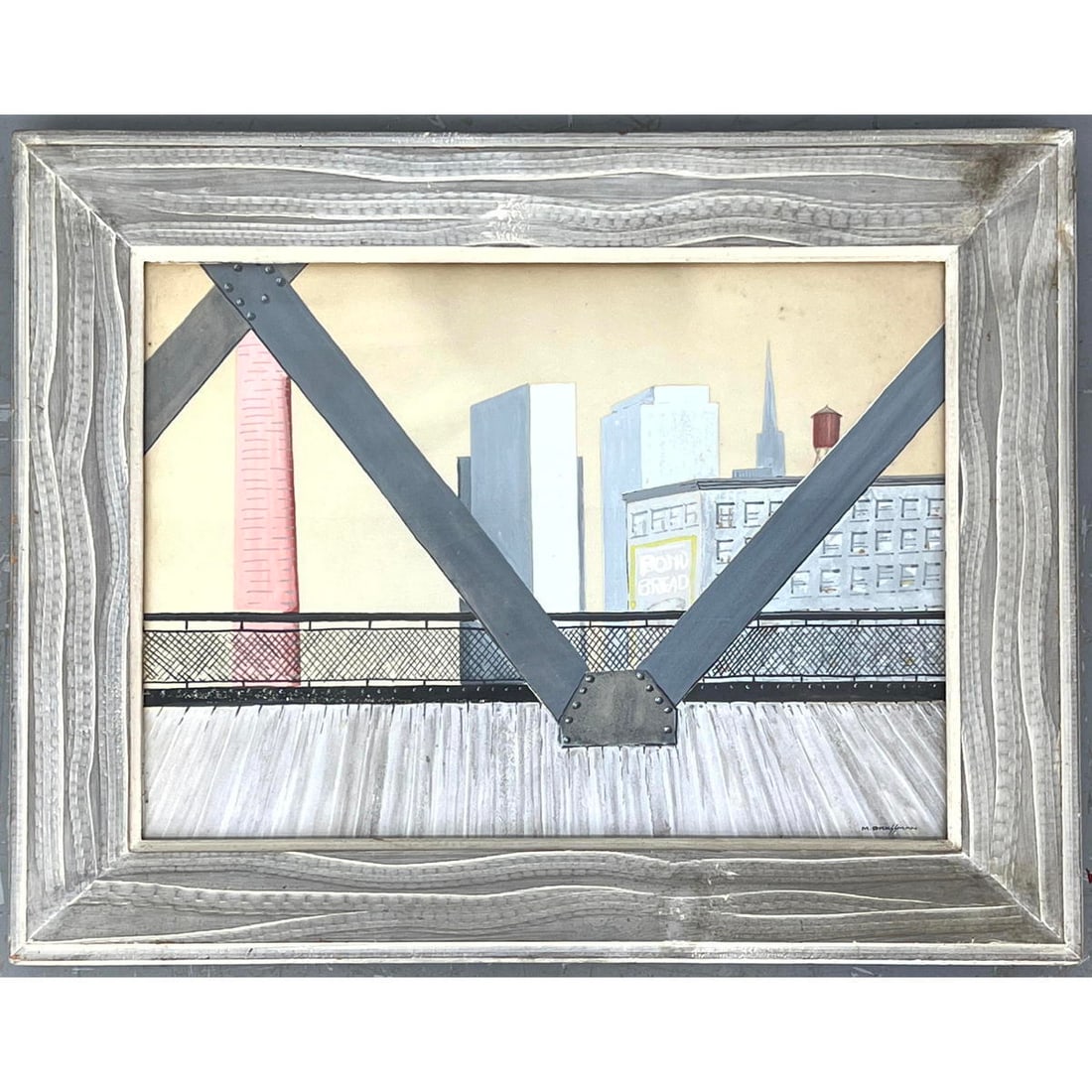 M GROSSMAN Architectural Painting. Bridge with Girders and Cityscape. Signed. (1 of 9)