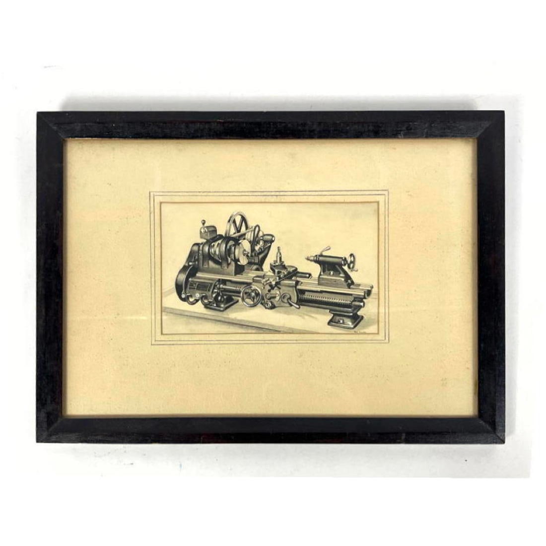 BOB HUNTER Industrial Gouache Illustration Lathe. Highly detailed image of industrial tool. Signed. (1 of 6)