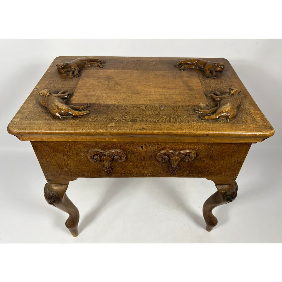 Vintage Hinged Lid Sewing Cabinet. Carved French style Wood Legs. Figural Animal Carving decorate Li (1 of 15)