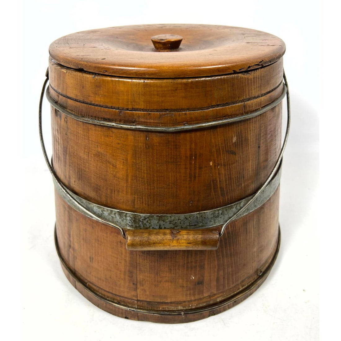 Vintage Lidded Wood Bucket. Metal Straps and swinging handle. (1 of 13)