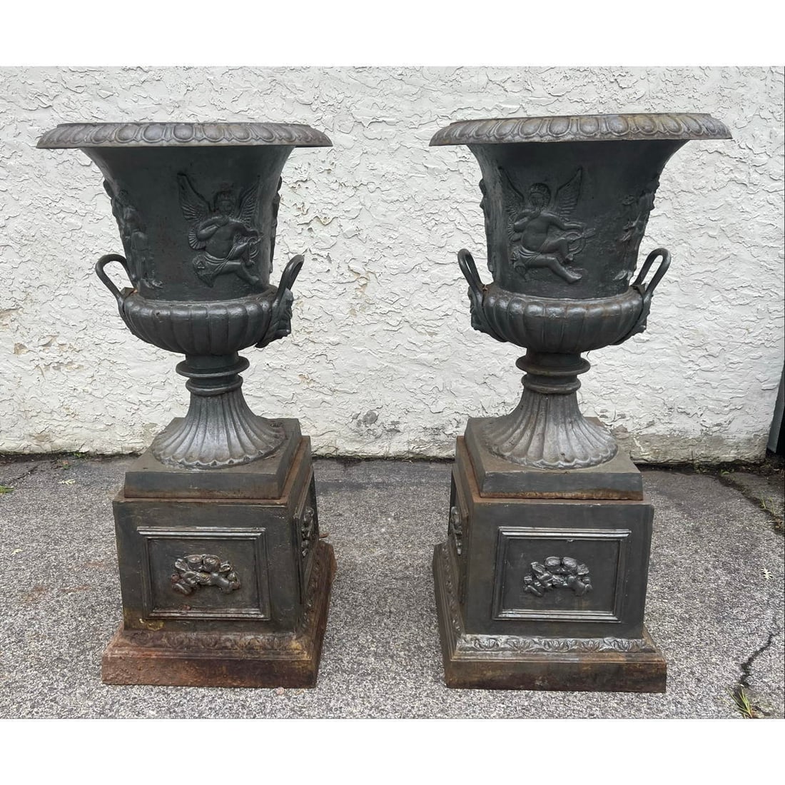 Pr Classical form Urn style Iron Garden Planters. Two part forms; large handled urns rest on square (1 of 20)