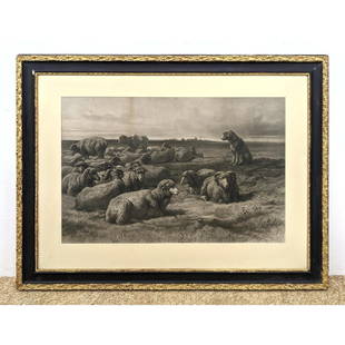 After Rosa Bonheur Etching Print. Shepherding Dog watches Over Sheep Herd.: After Rosa Bonheur Etching Print. Shepherding Dog watches Over Sheep Herd. Dimensions: H: 22 inches: W: 32 inches: Frame Height: 36 inches: Frame Width: 45.5 inches ---