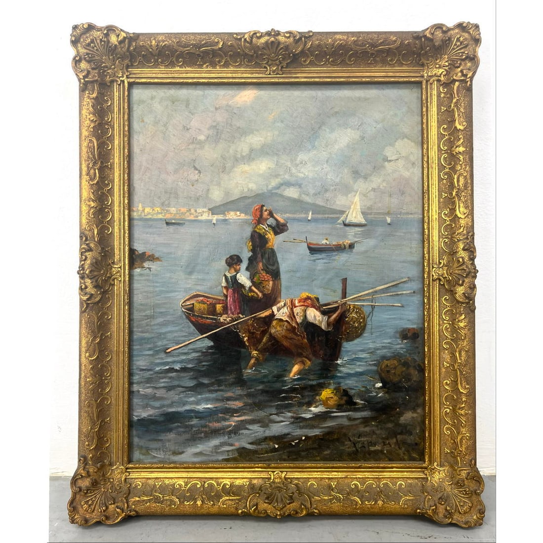 Signed Vintage Painting. Row Boats and Sail Boats. Signed illegibly on canvas. (1 of 9)