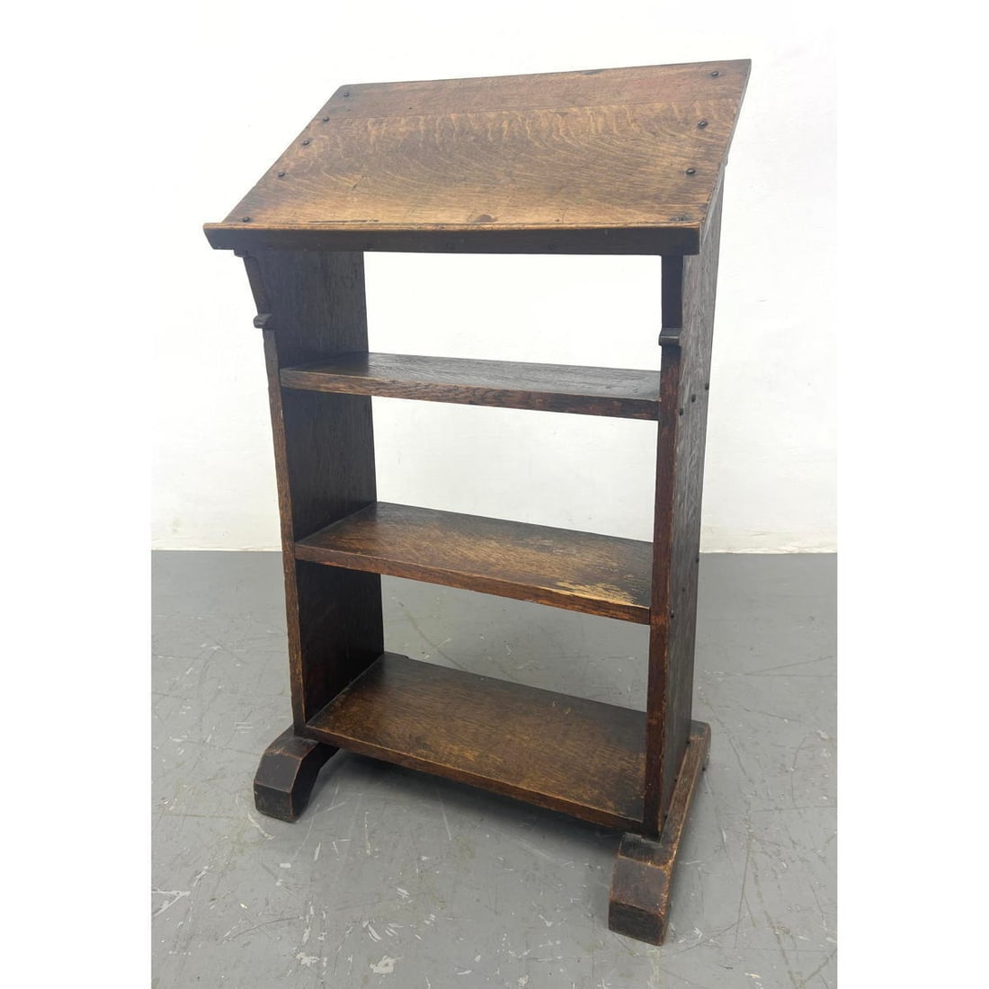 Antique Mission Oak Book stand. Angled top above three shelves. (1 of 12)