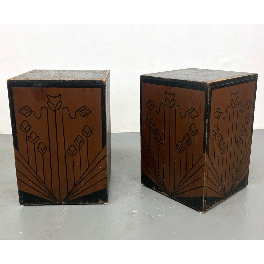 Pair of 1930-40's art deco painted pine plywood pedestals from a theater. Stylized floral design. (1 of 13)