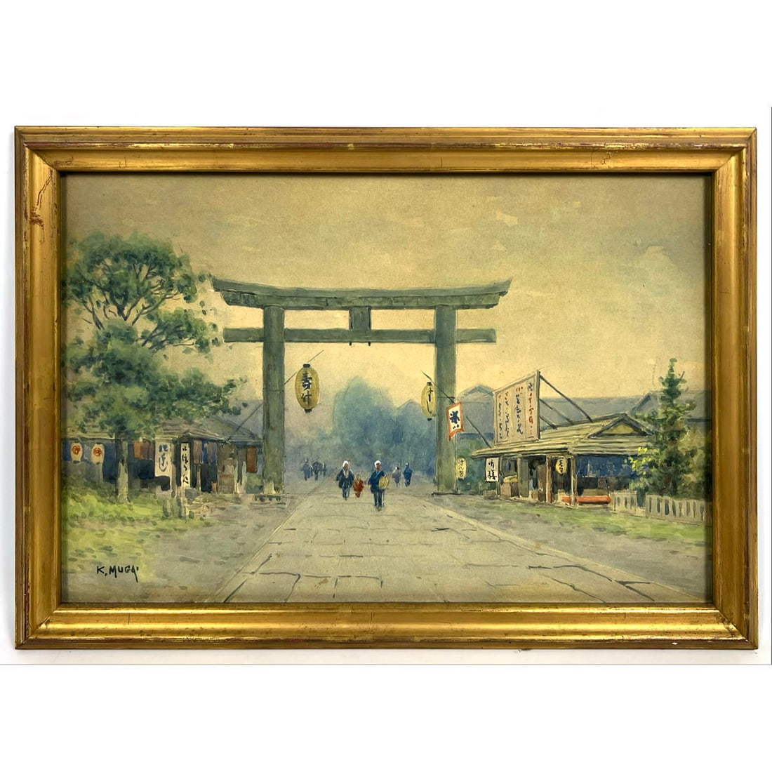 Japanese watercolor signed K. Muga. Blue Torii Gate (1 of 11)