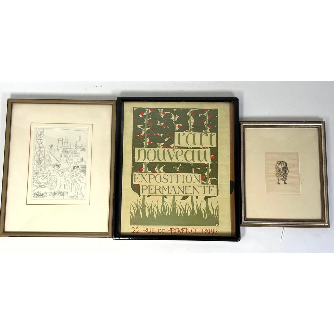 3pc Modern Framed Art. Owl Print. Linear Etching of Seaport. L'Art Nouveau cover. (1 of 5)