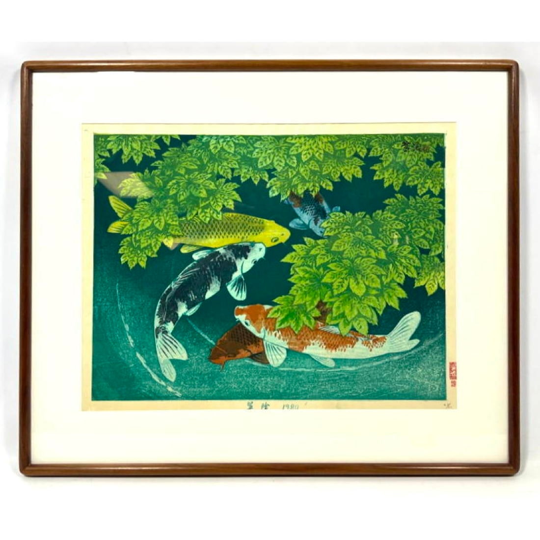 SHIRO KASAMATSU Japanese Woodblock Print. "Koi" Charming Colorful Image of carp below Japanese Maple (1 of 8)