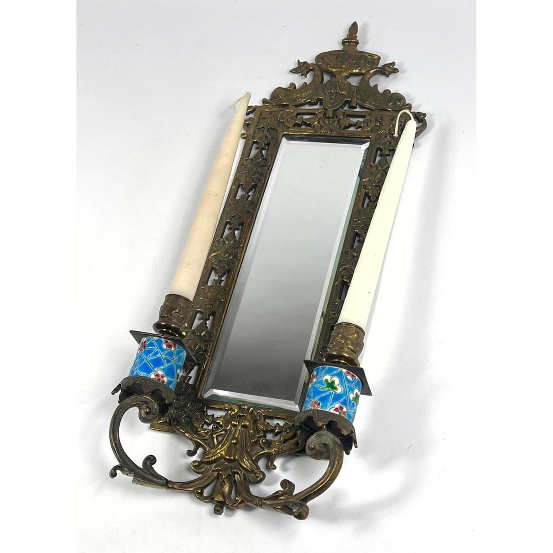 Antique Brass Aesthetic Style Wall Mirror. Two Longwy glazed bases for candle holders. Dolphin and U (1 of 1)