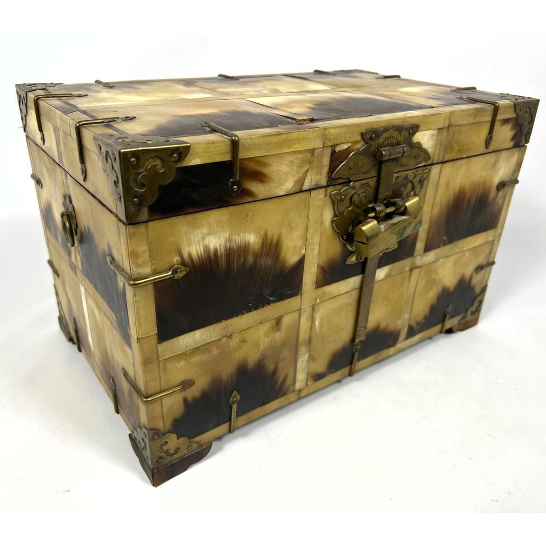 Natural Horn Tile Lidded Box. Brass Corner and Accent Trim.: Natural Horn Tile Lidded Box. Brass Corner and Accent Trim. Dimensions: H: 9 inches: W: 14.25 inches: D: 8.75 inches ---