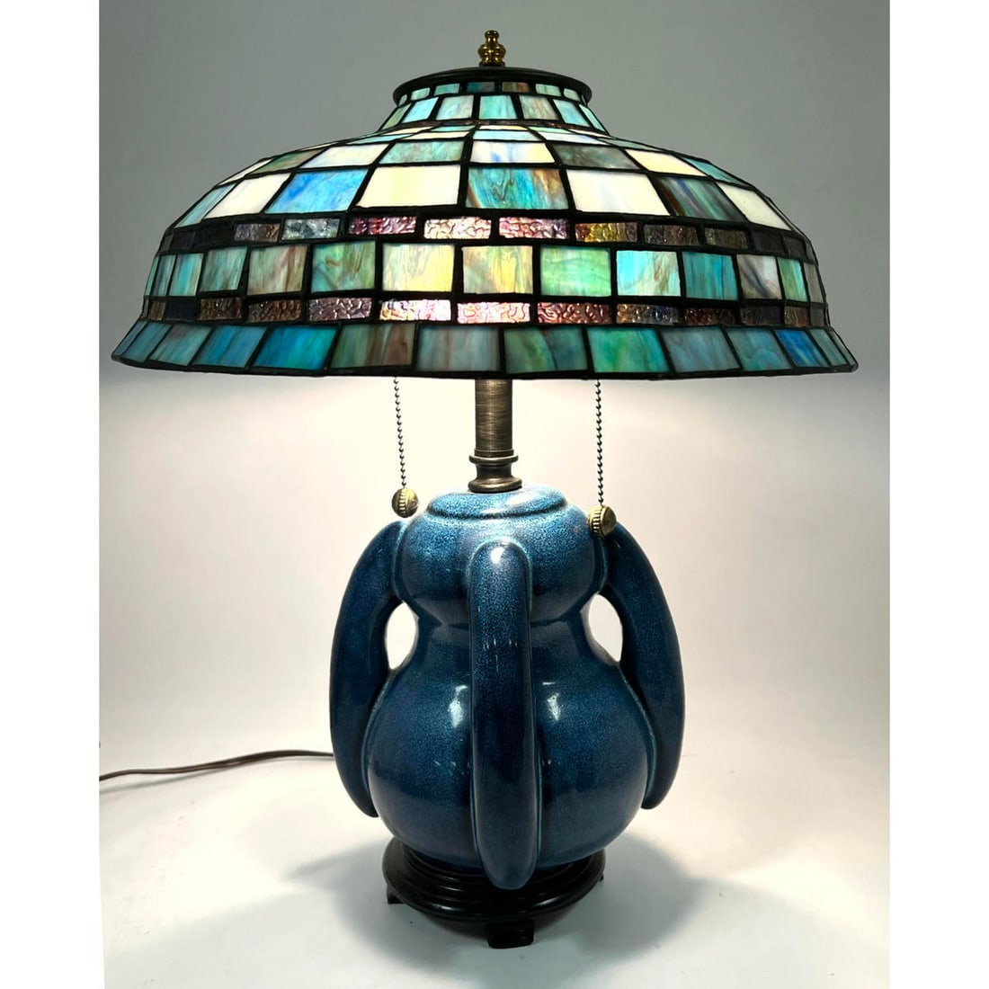 Dale Tiffany Leaded Glass Shade Lamp. Rich Blue Glazed Pottery Base. Signed on plaque. (1 of 12)