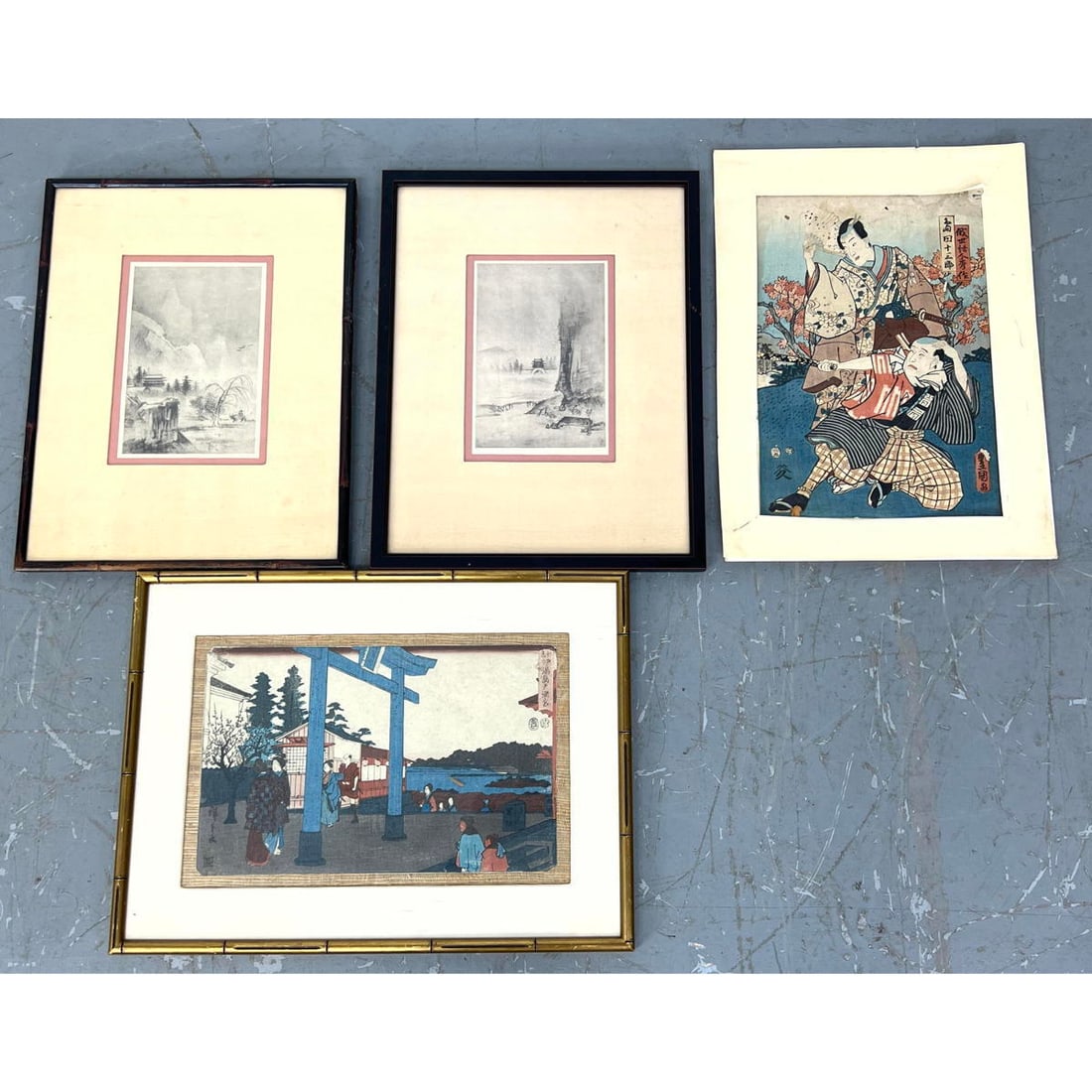 4pc Japanese Framed Art. 2 prints by NARA HOGAN; a pair of Kakemono Landscapes. And 2 Woodblock prin (1 of 6)