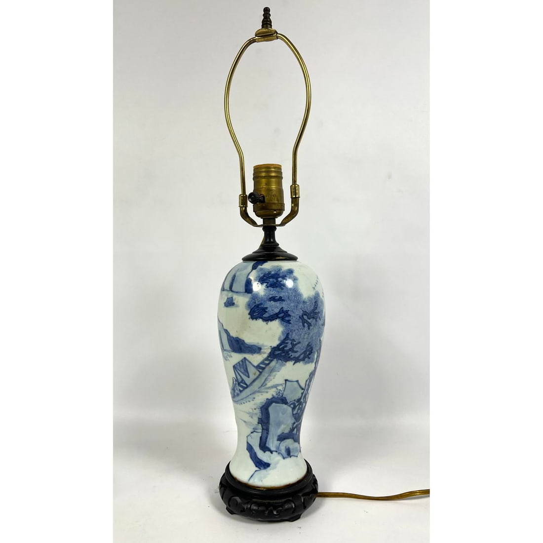 Vintage Asian Pottery Blue and White Glazed Lamp. Scenic Landscape on Baluster form Ceramic Body. (1 of 13)