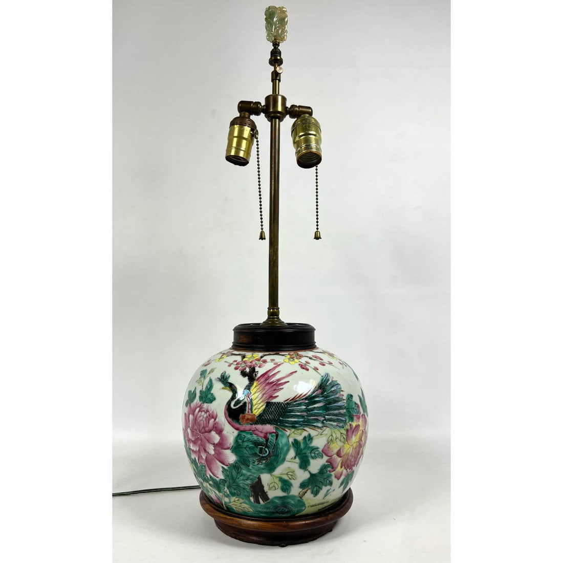 Hand Painted Chinese Pottery Table Lamp. Bulbous Ceramic form with Birds and Flowers. Wood base. Car (1 of 13)