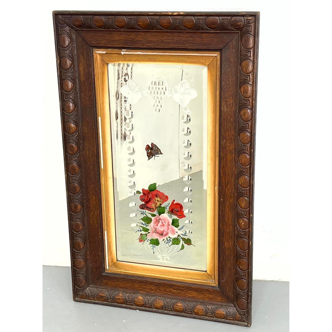 Antique Mirror with etched dimple dot design. Wonderful carved oak frame. (1 of 7)