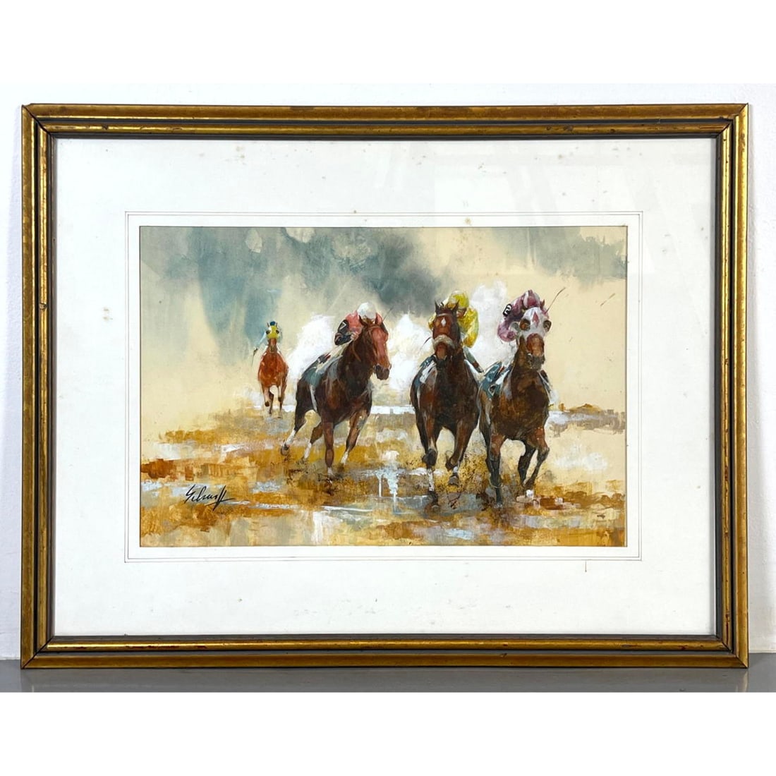 Painting on paper horse race signed lower left (1 of 5)