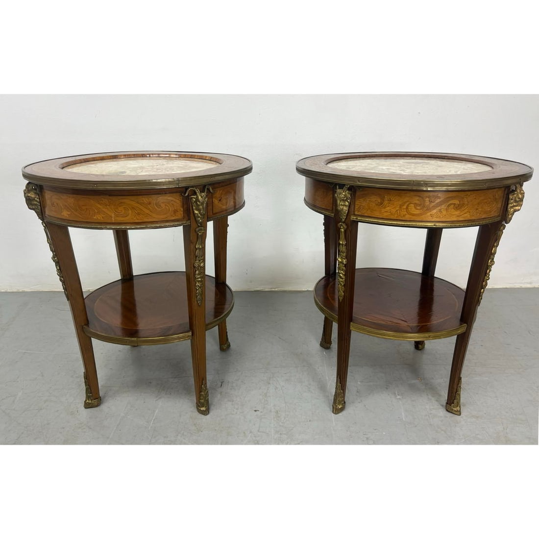 Pr Vintage Marble Top Inlaid Side Tables Stands. Floral and ribbon inlay to top frame and skirt. Bro (1 of 20)