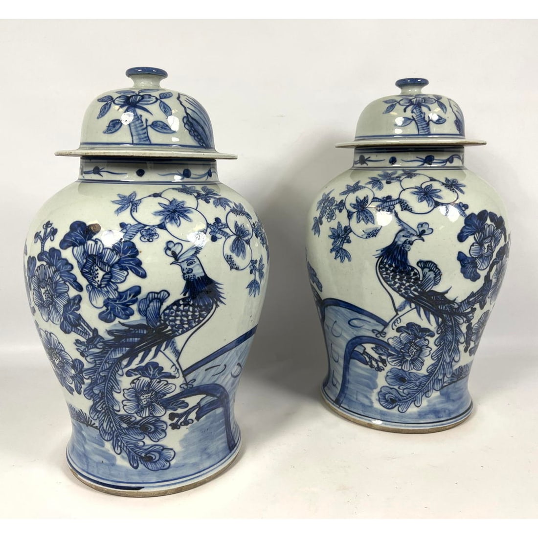 2pc Chinese Asian Pottery Ginger Jars. Hand painted peacocks birds in floral setting. (1 of 14)
