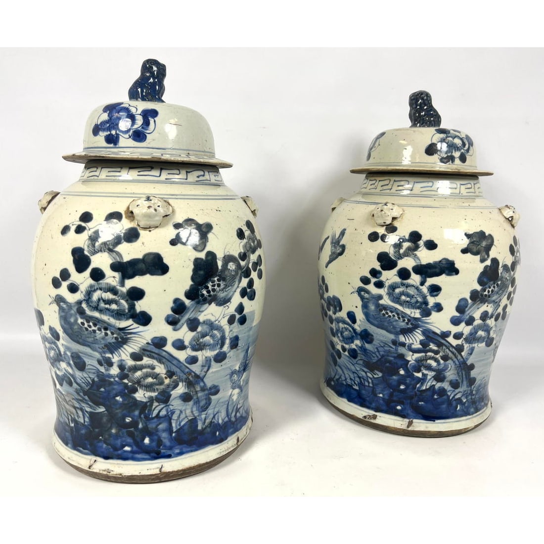 Pr Chinese Stoneware Ginger Jars. Foo Dog Finials. Hand painted blue flora designs. (1 of 20)