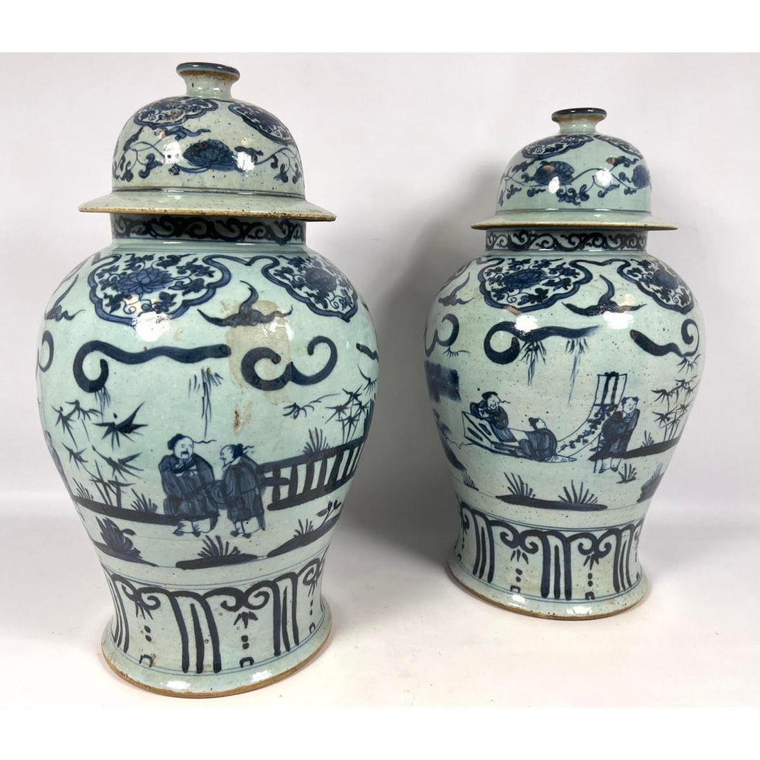 2pc Vintage Celadon Glazed Chinese Ginger Jars. Hand painted scenes with figures working. (1 of 18)