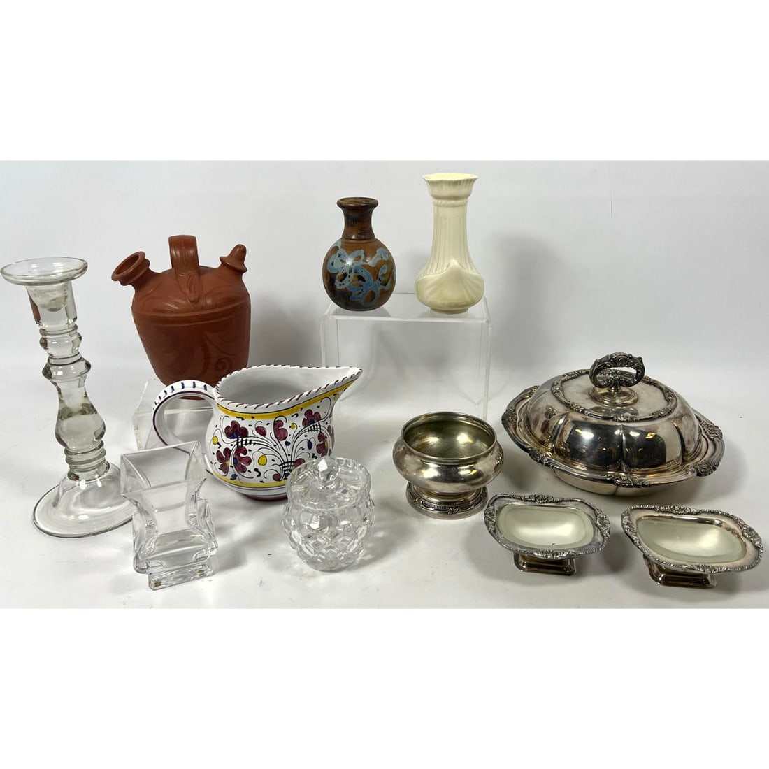 Assorted Shelf Lot Decorative Objects. BELLEEK, LAPID Israel Pottery. Silver Plate serving pieces. S: Assorted Shelf Lot Decorative Objects. BELLEEK, LAPID Israel Pottery. Silver Plate serving pieces. SEVRES CRISTAL. DERUTA Italy Rooster Pitcher, etc. Dimensions: H: 10.5 inches: W: 5 inches: D: 5 inch