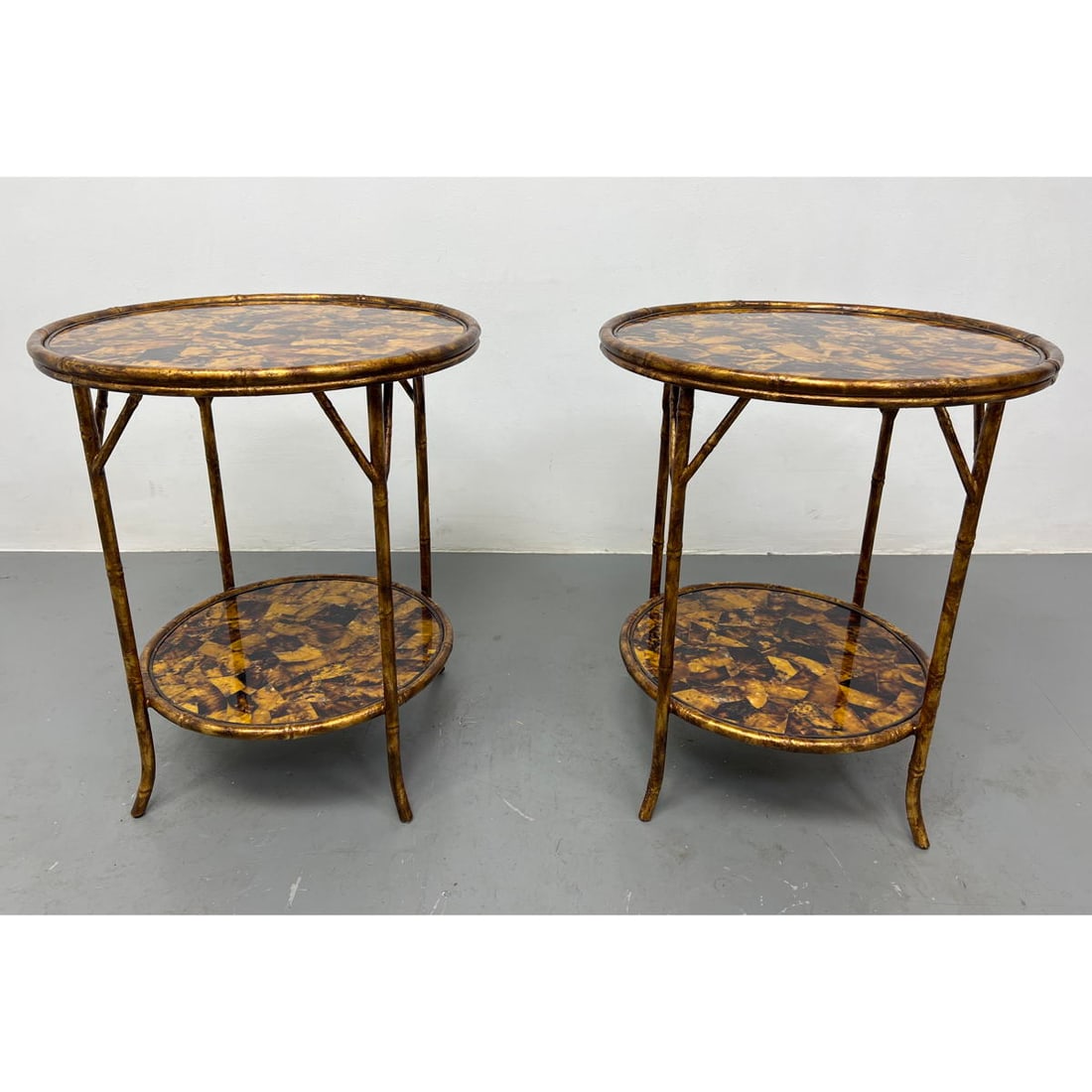 Pr CENTURY Furniture Faux Tortoise Side Tables. Designer Gilt Metal Faux Bamboo Frames. Label. (1 of 16)