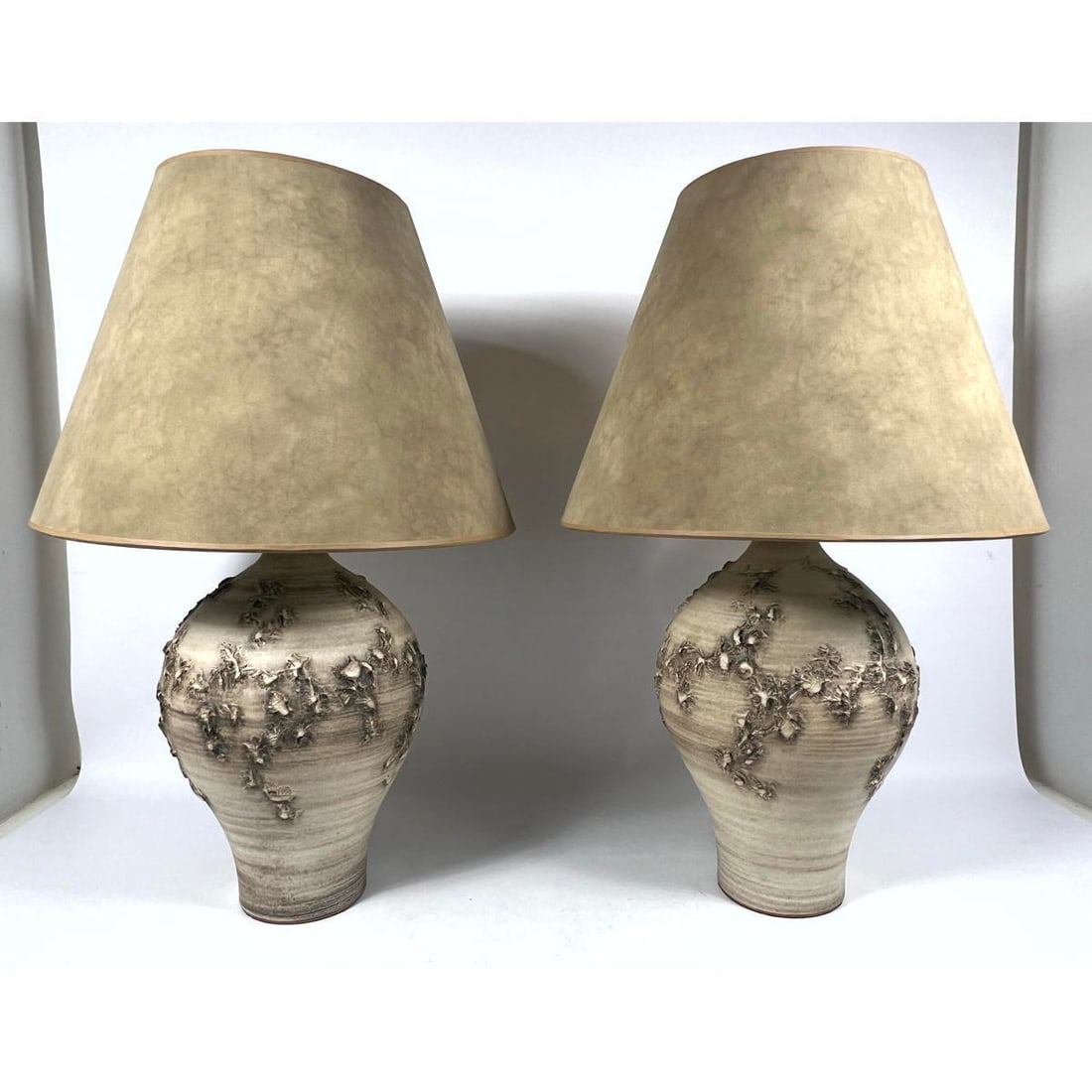 Pr DESIGN TECHNICS Studio Pottery Glazed Table Lamps. Textured Baluster Form Ceramic Lamps. Maker's: Pr DESIGN TECHNICS Studio Pottery Glazed Table Lamps. Textured Baluster Form Ceramic Lamps. Maker's Mark. H: 30.5 inches: W: 11 inches: D: 11 inches ---
