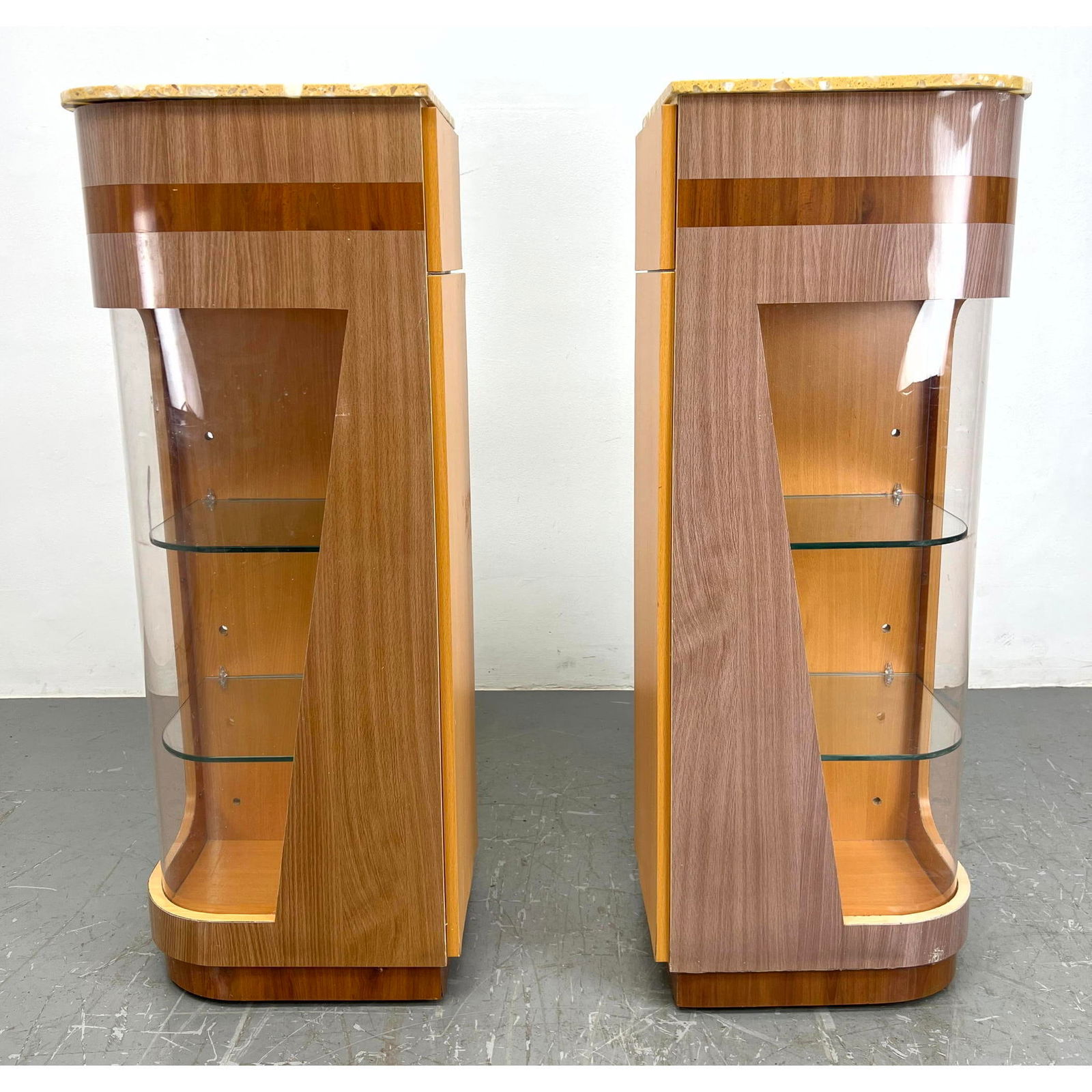 Pr Terrazzo Top Artist Made Display Cabinets. Opposing Designed Laminate Cabinets with Bowed Plexigl (1 of 15)