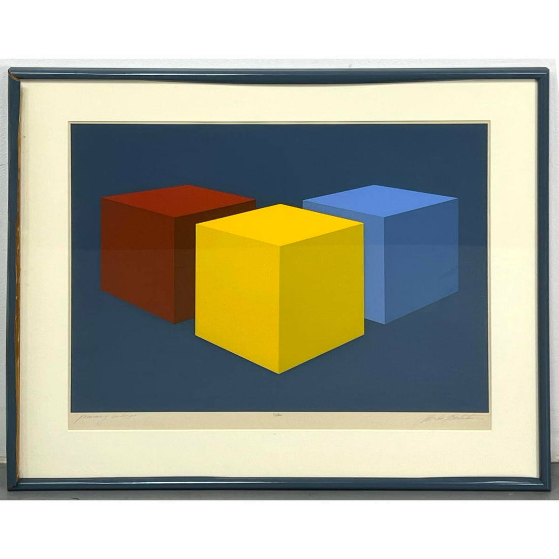 MARKO SPALATIN "Primary Cubes" Op Art Print. Three Primary Colored Cubes. Pencil Signed. 51/60.: MARKO SPALATIN "Primary Cubes" Op Art Print. Three Primary Colored Cubes. Pencil Signed. 51/60. Dimensions: Image Size: H: 22 inches: W: 25.5 inches: D: 1 inches: Frame Height: 29.25 inches: Frame Wid