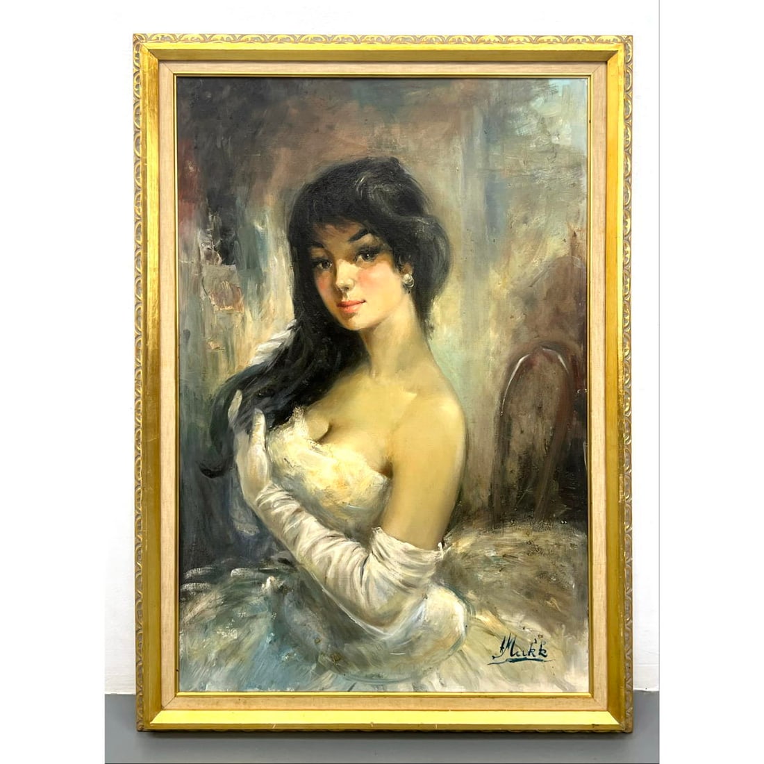Americo Makk Portrait Painting. Young Woman in Formal Gown. Signed. "Girl from Rio de Janeiro" Signe: Americo Makk Portrait Painting. Young Woman in Formal Gown. Signed. "Girl from Rio de Janeiro" Signed twice. Dimensions: Image Size: H: 35.5 inches: W: 23.5 inches: D: 1 inches: Frame Height: 41 inche