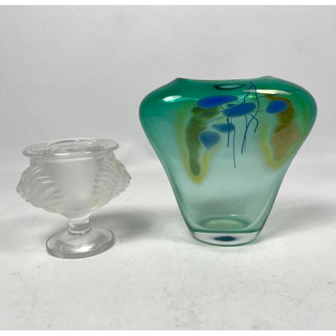 2pc Vase Lot. LALIQUE France Crystal Lion's Head Footed Vase; Signed. 2) Signed Studio Art Glass Vas (1 of 14)