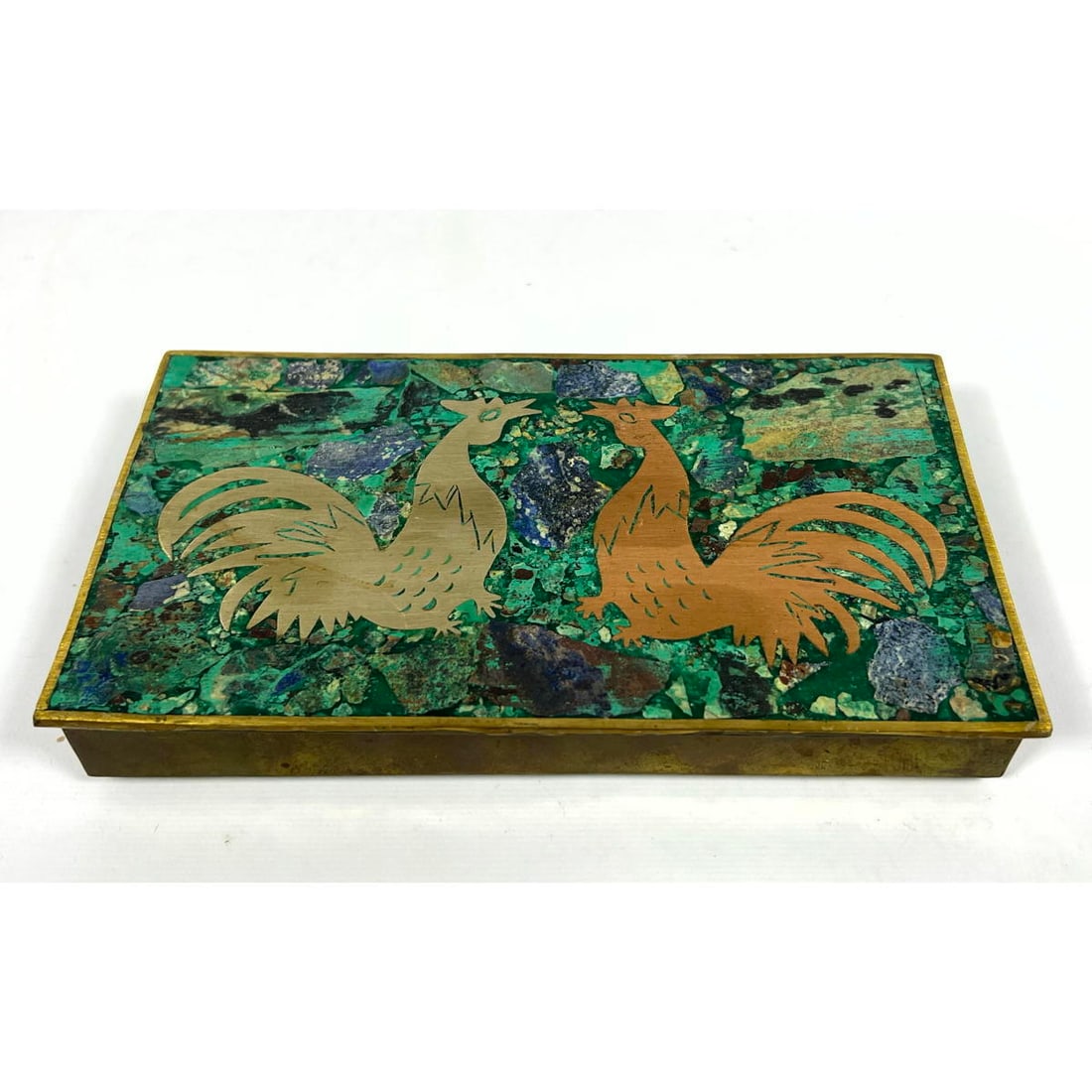 Mexican Mid Century Mixed Metal Inlaid Stone Brass Box. Lid has Metal Rooster and Chicken with Inlai (1 of 9)