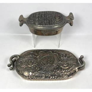 2pc DON DRUMM Cast Aluminum Lidded Casseroles. American Studio Artisan. Mid Century Modern. One date: 2pc DON DRUMM Cast Aluminum Lidded Casseroles. American Studio Artisan. Mid Century Modern. One dated 1969. Stylish handles on relief decorated lids. Signed. Smaller 4x14x8 H: 3.5 inches: W: 20 inches