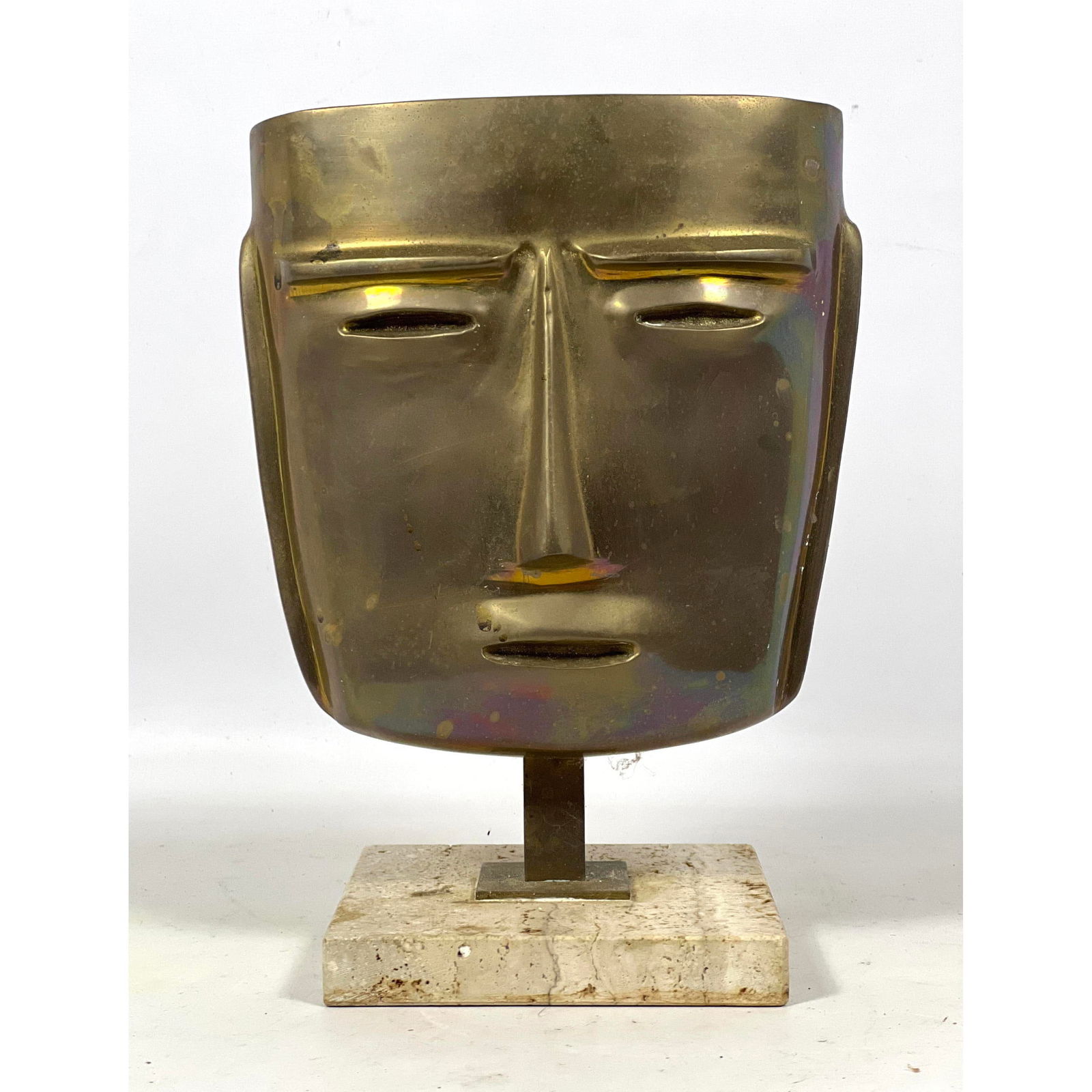 Cycladic style Brass Face Mask Sculpture. Mounted on travertine marble base. (1 of 6)