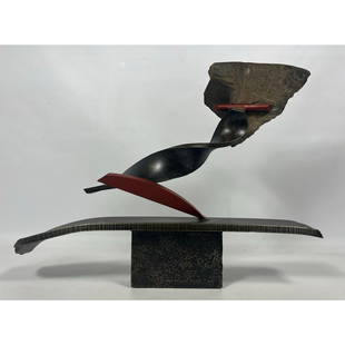 John Van Alstine "Auger Falls Landscape" Modernist Sculpture. Mixed Media Welded Metal and Stone Abs: John Van Alstine "Auger Falls Landscape" Modernist Sculpture. Mixed Media Welded Metal and Stone Abstract Sculpture. Signed and dated 2015. H: 16 inches: W: 21.5 inches: D: 5 inches ---