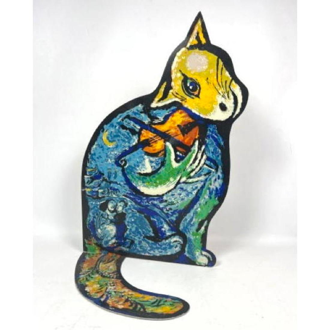 DAVID GERSTEIN 164/250 Two Sided Artist inspired Cat Sculpture. Aluminum Sheet has a Serigraph Chaga: DAVID GERSTEIN 164/250 Two Sided Artist inspired Cat Sculpture. Aluminum Sheet has a Serigraph Chagall inspired Cat Image. Reverse side has a Mondrian inspired Cat. H: 21 inches: W: 13.5 inches: D: 8