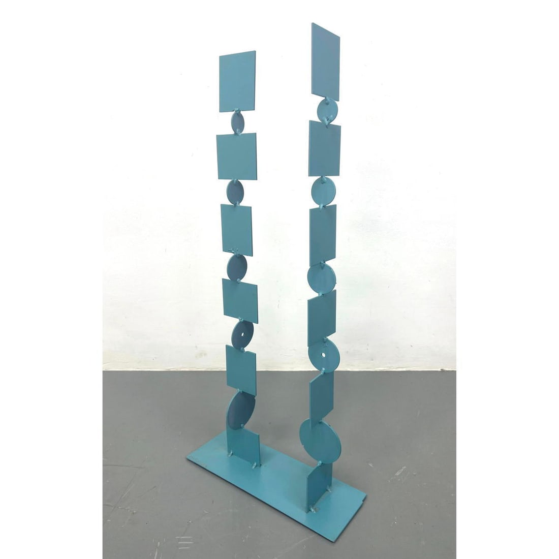 JOE SELTZER table sculpture Circles and Rectangles. 35" Tall Welded steel, painted turquoise. Signed (1 of 12)