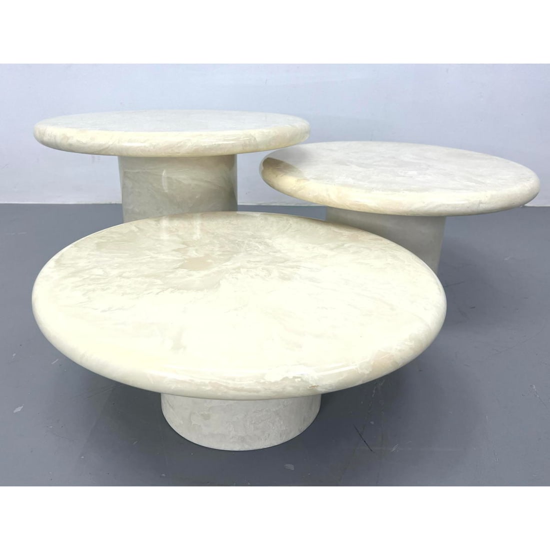 Set three graduated size cream faux marble side tables. Mushroom style with round column pedestal ba (1 of 13)