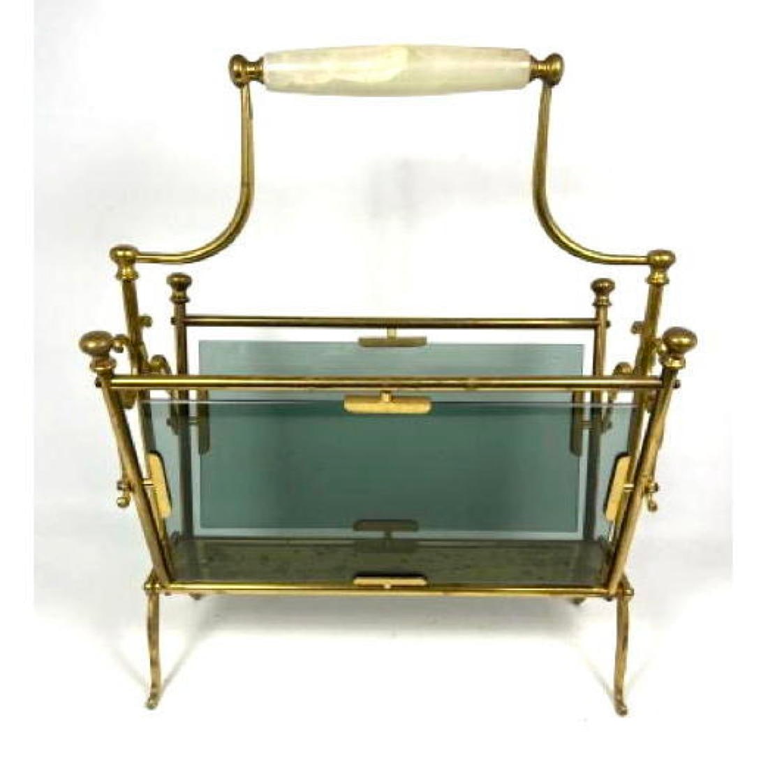 Regency style Brass Magazine Rack. Colored Glass Panel Sides. (1 of 11)
